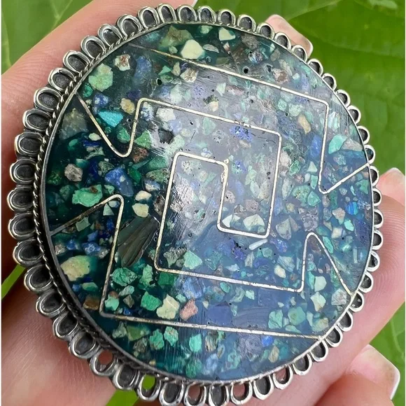 Vintage Sterling Silver Taxco Mexico Turquoise & Lapis Inlay Brooch Pendant - Picture 5 of 17